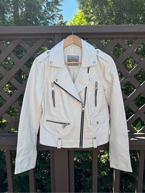 Levi's White Leather Moto Jacket with Silver Hardware